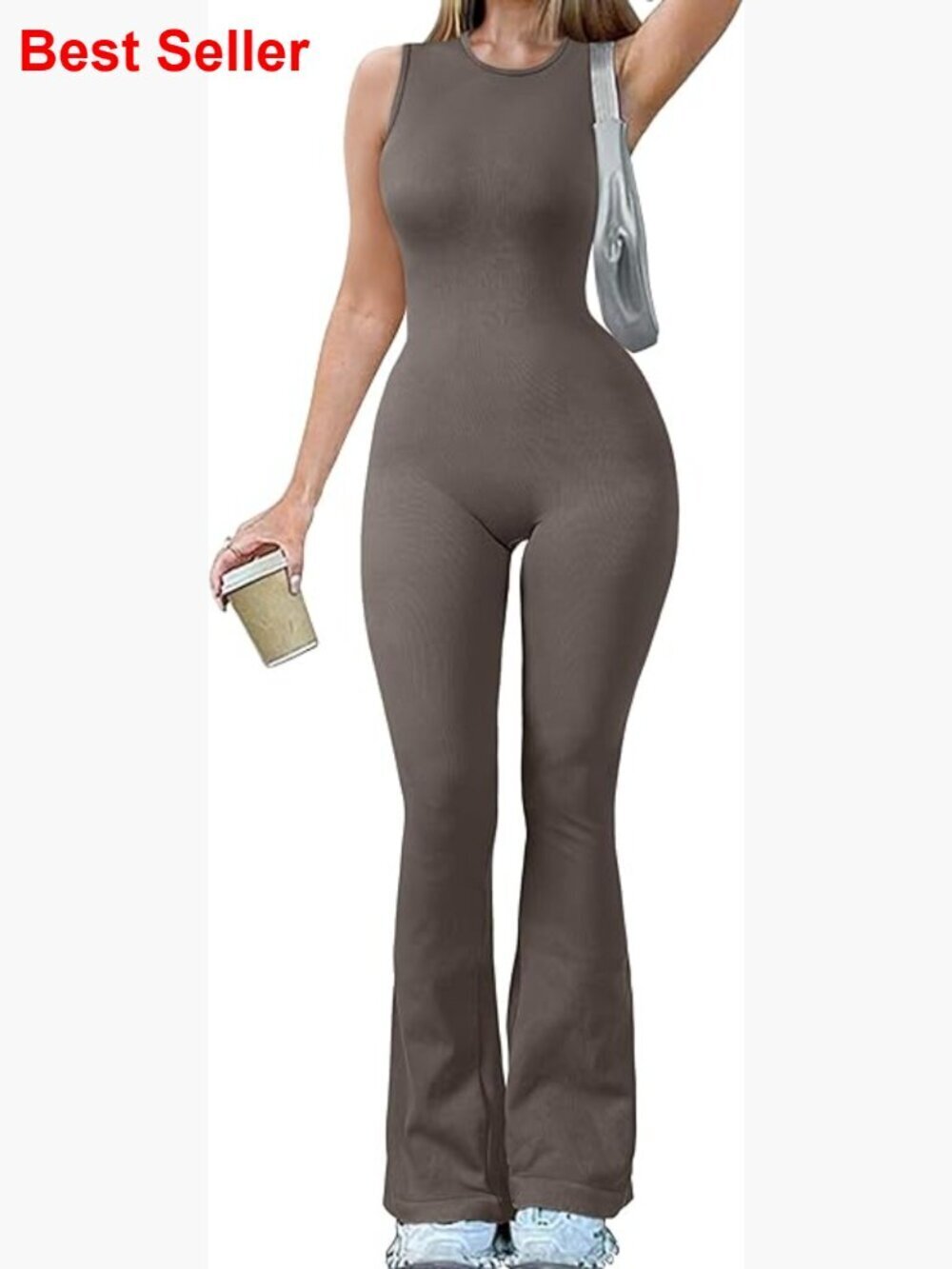 Ribbed Nylon Jumpsuit with Flared Bell Bottoms for Yoga